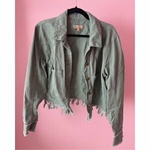 Distressed Green Crop Fringe Denim Jacket